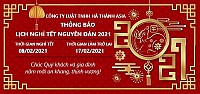 Luật Hà Thành Asia thông báo lịch nghỉ Tết Nguyên Đán 2021